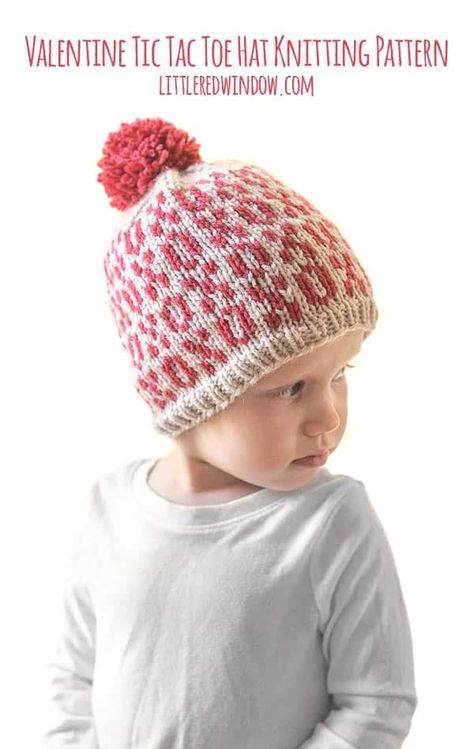 Baby wearing Valentine Tic Tac Toe Hat knitting pattern! Knitting Patterns Hats, Stranded Knitting Patterns, Motif Fair Isle, Double Pointed Knitting Needles, Baby Hat Knitting Pattern, Hat Knitting Pattern, Knitting Patterns Free Hats, Fair Isle Knitting Patterns, Fair Isles