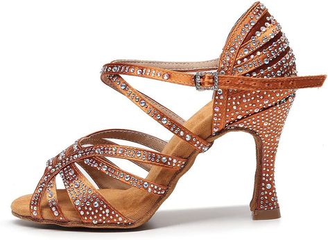 Amazon.com | HROYL Women Latin Dance Shoes Rhinestone Salsa Performence Practice Ballroom Dance Shoes YCL356-7.5 Brown, 6.5 B(M) US | Ballet & Dance Danza Latina, Salsa Dance Shoes, Ballroom Tango, Ballroom Shoes, Quickstep, Ballroom Dance Latin, Dance Heels, Ballroom Dance Shoes, Rhinestone High Heels