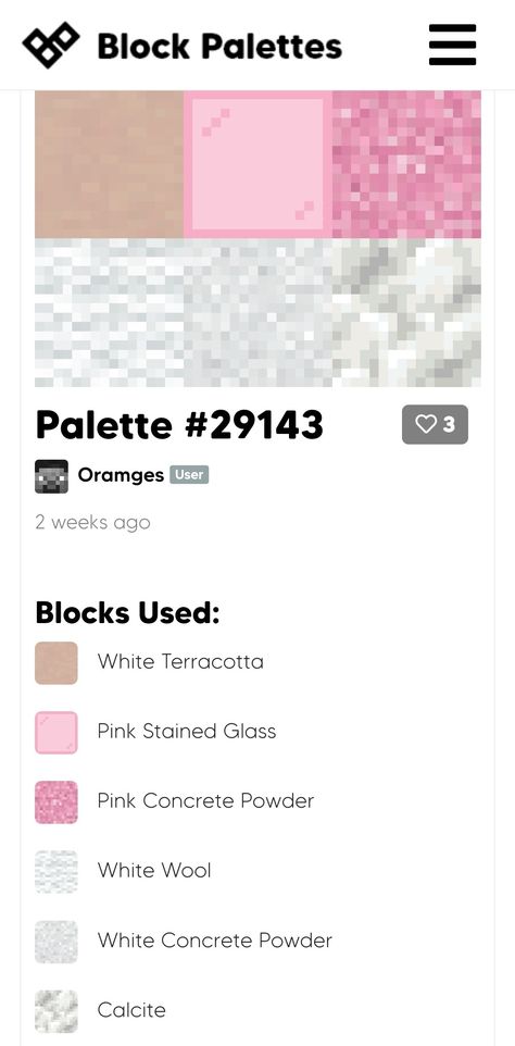 Pink Block Pallet Minecraft, Pink Minecraft Pallet, Minecraft Building Palette, Minecraft Colour Palette, Minecraft Color Palette, Minecraft Block Palette, Minecraft Pallets, Minecraft Templates, Minecraft Town