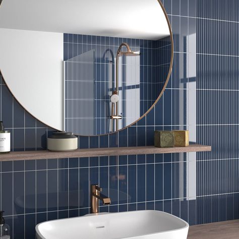 Moledo Navy Gloss - Gorgeous Metro Brick Tile | Tileflair Blue Metro Tiles Bathroom, Blue And Brass Bathroom, Navy Blue Bathroom Ideas, Metro Tiles Bathroom, Understairs Toilet, Kitchen Wall Tile, Coastal Colours, Navy Blue Tile, Dark Blue Bathrooms