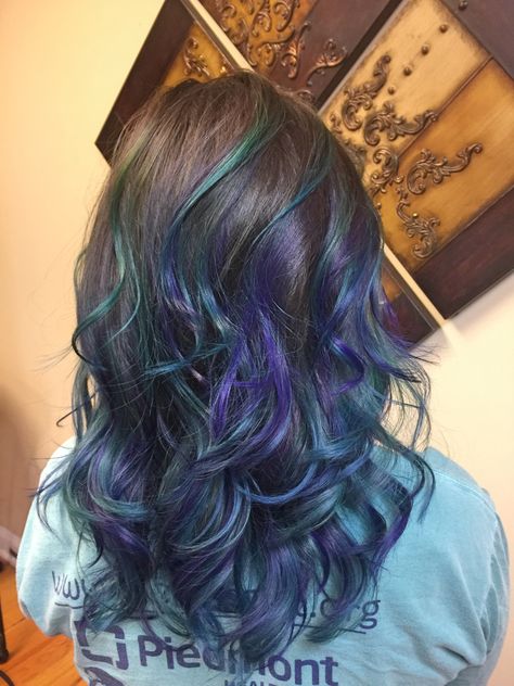 My beautiful mermaid hair by Heather Moon. I'm so in love! *blue, purple, and emerald green tri-color balyage* Purple And Mint Hair, Blue And Green Highlights In Black Hair, Blue And Purple Streaks In Hair, Blue Purple Black Hair, Hair Dye Tips Of Hair, Dark Green And Purple Hair, Mermaid Hair Color Peekaboo, Blue And Purple Hair Highlights, Purple And Blue Highlights