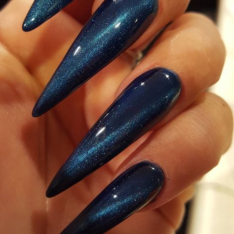 IG @cocoharter  Galaxy tigers eye stiletto nails Navy Blue Stiletto Nails, Dark Blue Stiletto Nails, Blue Stilletos Nails, Dark Blue Cat Eye Nails, Birthday Stiletto Nails, Dark Stiletto Nails, Tiger Eye Nails, Victoria Nails, Bandana Nails