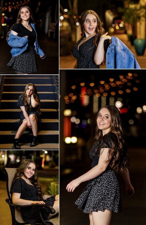 Poses On Steps, Photo Shoot At Night, Photos With Movement, Poses For Senior Pictures, Nighttime Photography, Urban Senior Pictures, Blurry Lights, Night Time Photography, Black Floral Skirt