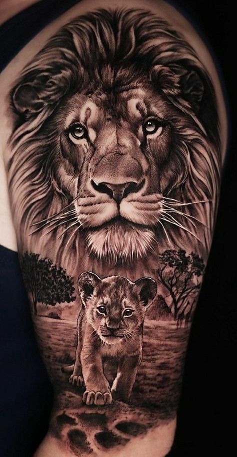 Tattoos For Your Son, Birth Tattoo, Lion Cub Tattoo, Cub Tattoo, Lion Arm Tattoo, Female Lion Tattoo, Lion Shoulder Tattoo, Lion Art Tattoo, Tiger Tattoo Sleeve