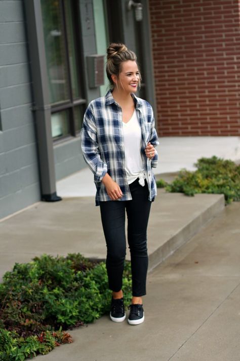 Navy Plaid By Lex What Wear Plaid Flannel Shirt Outfit, Fall Target, Target Outfits, Flannel Shirt Outfit, Plaid Shirt Outfits, Match Outfits, Sneaker Outfits Women, Sneaker Outfits, Weather Outfits