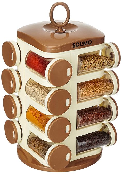 Revolving spice rack set for home kitchen use Safe to use; 100% food grade and BPA free plastic Carousel style; for kitchen countertop making it easy to access Spice jars contain 3 holes with twistable lids, making it easy to use and refill Keeps spices fresh and free from odour Easy to clean; can be put through your dishwasher Product is made in India. Revolving Spice Rack, Cubby Shelf, Spice Jar Set, Colored Rice, Spice Storage, Spice Containers, Spice Organization, Kitchen Rack, Kitchen Countertop