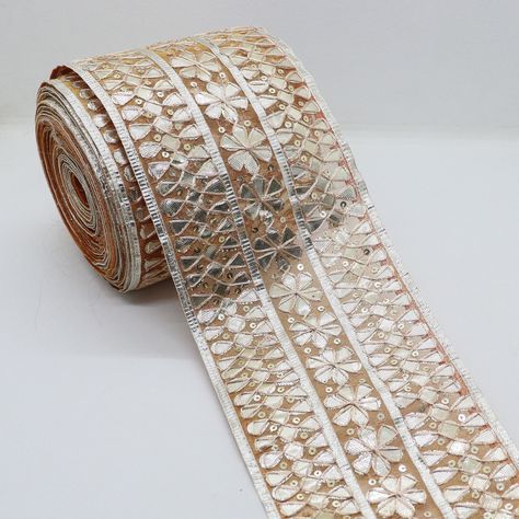 #etsy shop: 4 Inch Wide Silver Zari Gota Embellish Tissue Fabric Sewing Dupatta Lace Border Artisanal Hand Embroidered Crafting Ribbon Trim By The Yard https://etsy.me/3qxZigx #sewing #yes #indianlacetrim #silvergotatrim #weddingsaritrim #handmadegotalace #handmadegota Surface Ornamentation, Fancy Face Mask, Dupatta Lace, Tissue Fabric, Silver Sequin Top, Bridal Jewelry Sets Brides, Simple Lehenga, Diy Belts, Lace Accessories