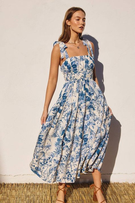 Shop New Arrivals | Magnolia Belle Boutique Toile Dress, Fit And Flare Midi Dress, Designer Bra, Flare Midi Dress, Party Fits, Porcelain Blue, Floral Print Midi Dress, Dress With Tie, Blue Midi Dress