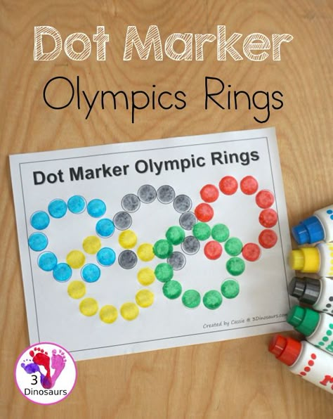 Free Dot Marker Olympic Rings - fun fine motor printable for working on making the Olympic Rings with dots - 3Dinosaurs.com #olympicringscraft #dotmarkerprintable #freeprintable #3dinosaurs #circledotmarker Toddler Olympics Craft, Pre K Olympic Crafts, Fine Motor Olympics Activities, Olympic Themed Fine Motor Activities, Olympic Fine Motor Activities, Olympic Preschool Theme, Olympic Theme Preschool Activities, Preschool Summer Olympics Activities, Summer Olympics Activities For Toddlers