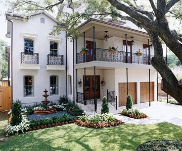 New Orleans Style Exterior Stucco Colors, Traditional Stucco Home Exterior, Stucco Two Story House, New Orleans Home Exterior, 2 Story Colonial Exterior Update, Pretty Landscaping, New Orleans Colorful Houses, French Details, Exterior Stucco