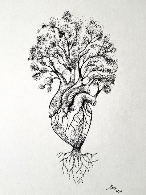 Tree Of Life Heart Tattoo, Nature Loving Tattoos, World In Your Hands Tattoo, Heart Pointillism, Heart Tree Drawing, Heart Tree Tattoo, Tree Of Life Drawing, Heart And Soul Tattoo, Tree Tattoo Black