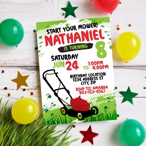 Get ready to mow down the fun with our customizable lawnmower birthday invitation! Perfect for little gardeners and outdoor enthusiasts, this playful invitation sets the stage for a birthday bash that's full of adventure. With bright colors and a charming lawnmower design, it's an invitation that will have your guests excited to cut loose and celebrate. Easily personalize with your child's name and party details for a unique touch. Ideal for summer birthdays and garden parties!Size: 5" x 7" ◀NEED A DIFFERENT SIZE? Send us a message and we will gladly customize the size you need.▶▶TRY BEFORE YOU BUY! Copy and paste the URL below to demo:https://www.corjl.com/d/176F60▶ ▶ ▶ ▶ HOW IT WORKS ▶ ▶ ▶ ▶Edit your items at Corjl.com right after purchasing.✔ No waiting! You’ll have access to your item Mower Birthday Party, Lawn Mower Birthday, Lawn Mower Birthday Party, Water Bottle Labels Birthday, 1st Birthday Shirts, Birthday Party Invite, Birthday Boy Shirts, Party Details, Summer Birthday