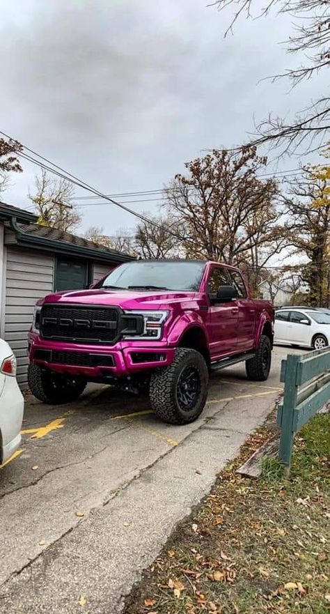 Pink Tacoma Truck, Pink Ford F150, Pink Gmc Truck, Pink Pickup Truck, Hot Pink Truck, Pink Ford Truck, Cute Trucks, Girly Trucks, Pink Lifted Trucks