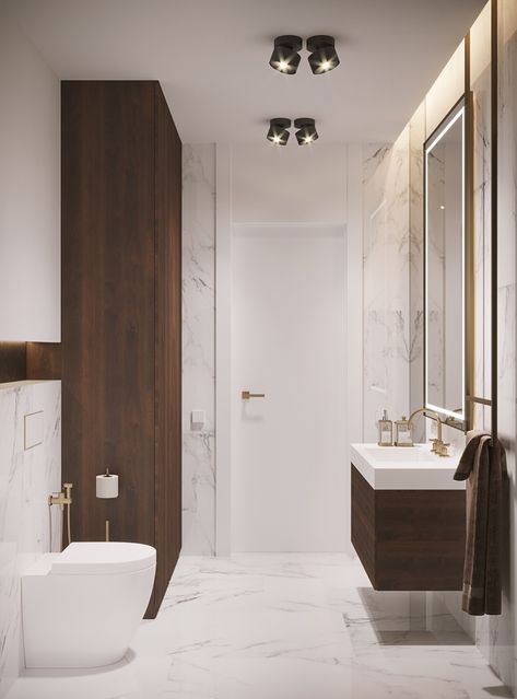 Minimalist barthroom design, with marble and wood textures. Marble With Wood Bathroom, Marble And Dark Wood Bathroom, White Brown Bathroom Ideas, White Marble Wood Bathroom, White Marble And Wood Bathroom, Bathroom Marble And Wood, White And Dark Wood Bathroom, Marble Wood Bathroom, Wood And Marble Bathroom