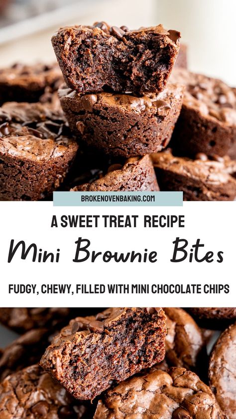 This mini brownie bite recipe is fudgy, filled with mini chocolate chips, and gone in two bites (but that just means you can eat more, right??) With the melted chocolate, cocoa powder, and mini chocolate chips, they have the perfect chocolatiness! For more great chocolate filled dessert ideas and sweet treat baking recipes be sure to stop by Broken Oven Baking Company. #brownietreats #chocolatedessert Easy Baking Recipes Chocolate, Mini Cupcake Brownie Bites, Brownie Bites Recipe Minis, Mini Brownie Pan Recipes, Mini Brownie Desserts, Brownies In Mini Cupcake Pan, Brownie Cup Recipes, Easy Brownie Bites Recipe, Fudgy Brownie Bites