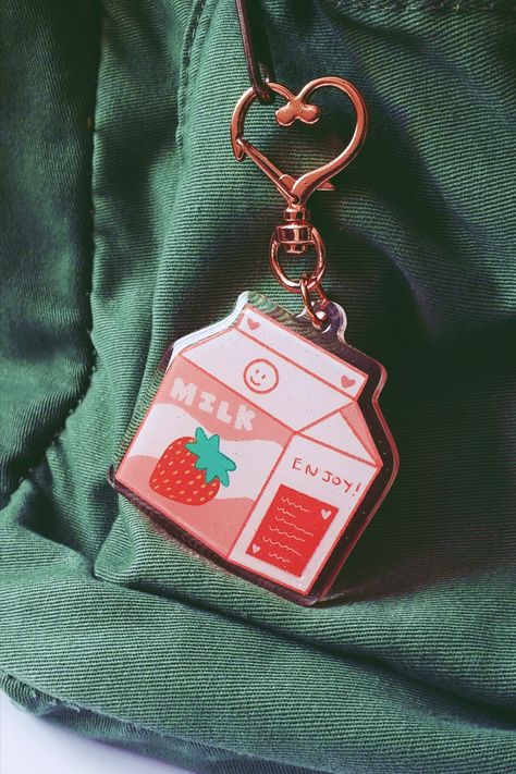 Strawberry Milk Keychain Available for purchase at DEZIMOONSHOP on Esty Milk Keychain, Sell Stickers, Stickers Art, Strawberry Milk, Keychains, Milk, United States, California, Shop My