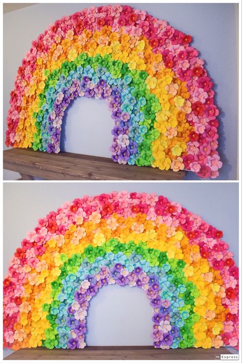 Rainbow Flower Wall, Pink Colour Day Celebration In Preschool, Rainbow Decorations Diy, Paper Craft Design, Design For Project, Circus Crafts, Flower Rainbow, Rainbow Party Decorations, Paper Flower Art