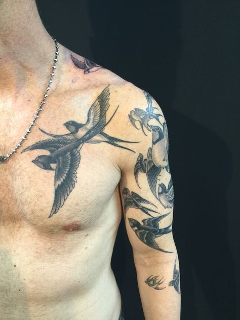 Chest Swallow Tattoo, Swallow Tattoo Shoulder, Swallows Tattoos, Swallow Tattoo Meaning, Swallows Tattoo, Swallow Tattoos, Collar Bone Tattoo For Men, Swallow Tattoo Design, Bird Tattoo Sleeves