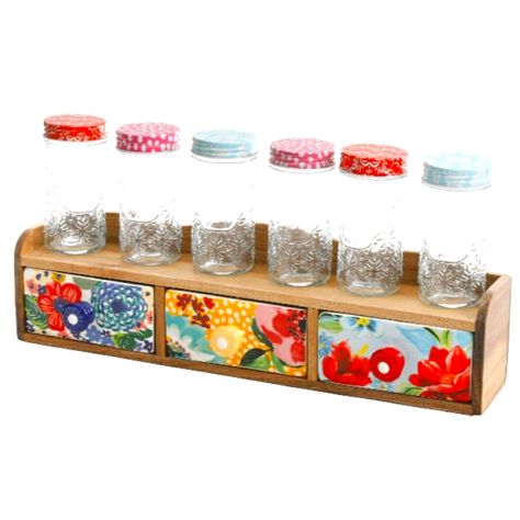 Brand New The Pioneer Woman Floral Spice Rack And Jars . The Pioneer Woman Kitchen, Drawer Spice Rack, Pedestal Cake Plate, Pioneer Woman Kitchen, Spice Shelf, Seasoning And Spice, Magnetic Spice, How To Make Labels, Kitchen Drawer Organization