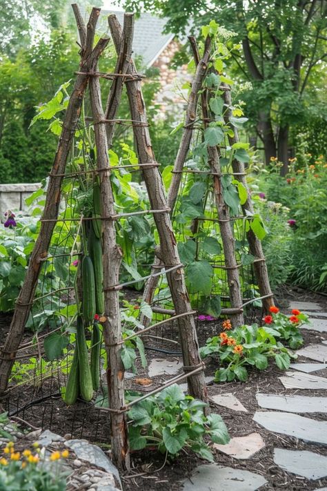 Explore 20 Cucumber Trellis Ideas for a Bountiful Harvest Garden Walkthrough Trellis, Backyard Grapes Trellis Ideas, Garden Cucumber Trellis, Berry Trellis Ideas, Log Trellis, Diy Tomato Support, Squash Trellis Ideas, Trellis Teepee, Vertical Garden Trellis