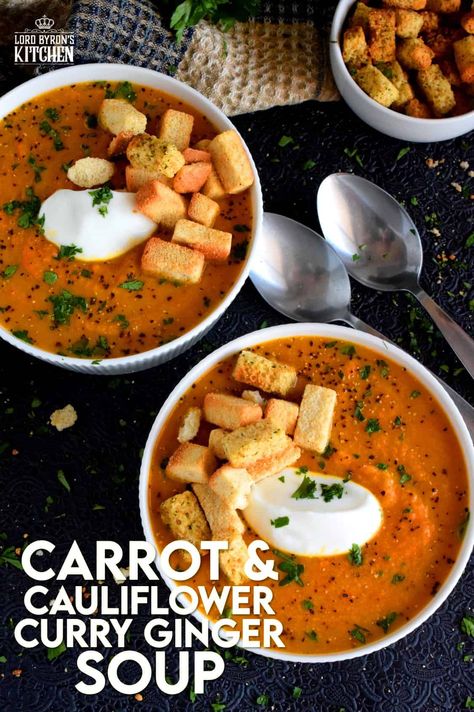 Warm and comforting, Roasted Carrot and Cauliflower Curry Ginger Soup is thick and creamy without the addition of dairy. This is one of those soups that are good for you, but you won't care, because it is just so delicious! #cauliflower #curry #roasted #soup #soupson Cashew Cauliflower, Vegetarian Split Pea Soup, Tomato Tortellini Soup, Chinese Buffet, Roasted Carrot, Ginger Soup, Cauliflower Dishes, Spinach Soup, Cauliflower Curry