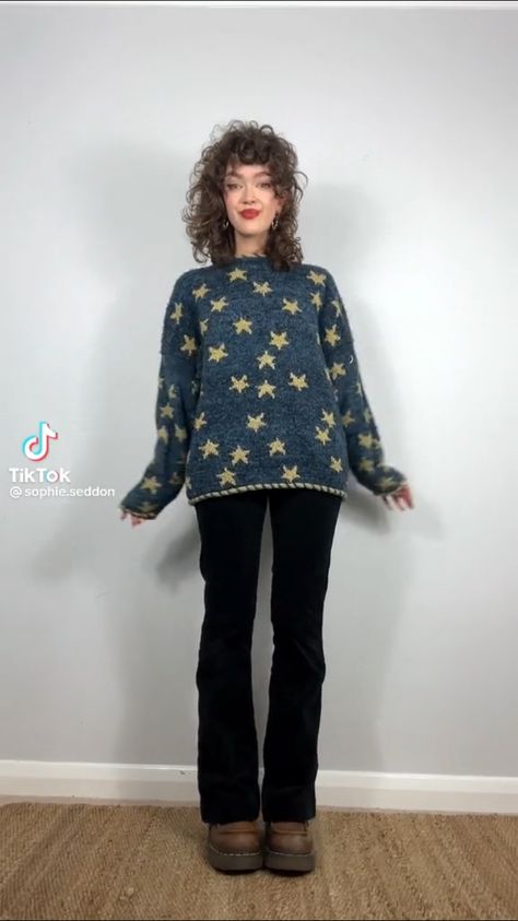 Coraline Star Sweater Outfit, Knit Coraline Sweater, Whimsigothic Outfits Winter, Coraline Sweater Crochet, Coraline Sweater, Grandma Sweater Outfit, Coraline Outfit Aesthetic, Star Sweater Outfit, Pattern Sweater Outfit