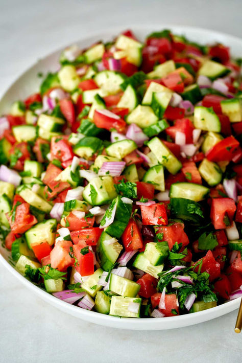 Mediterranean Cucumber Tomato Salad Cava Tomato And Cucumber Salad, Cava Cucumber Tomato Salad, Tomatoe Cucumber Salad, Salad Cucumber Tomato, Grape Tomato Salad, Mediterranean Cucumber, Mediterranean Cucumber Salad, Salad At Home, Shirazi Salad