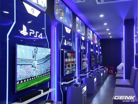 Playstation Cafe Interior Design, Gaming Lounge Room Ideas, Game Center Design Ideas, Playstation Room Design, Game Store Design, Playstation Design, Game Room Design Ideas, Playstation Shop, Kids Hangout Room