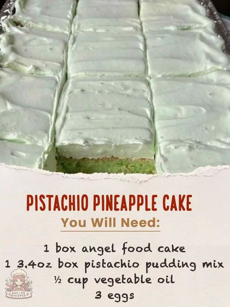 PISTACHIO PINEAPPLE CAKE – Recipe Whisper Pistachio Pineapple Cake, Pistachio Pudding Cake, Pistachio Dessert Pudding, Pistachio Cake Recipe, Angel Food Cake Desserts, Pineapple Angel Food, Pineapple Cake Recipe, Pistachio Dessert, Pistachio Recipes