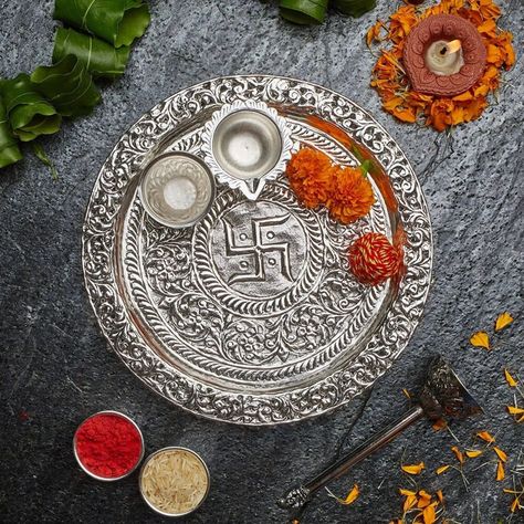 Silver Pooja Thali, Professional Shoot, Pooja Thali, Pooja Items, Indian Culture, Wedding Aesthetic, German Silver, Intricate Design, Traditional Design