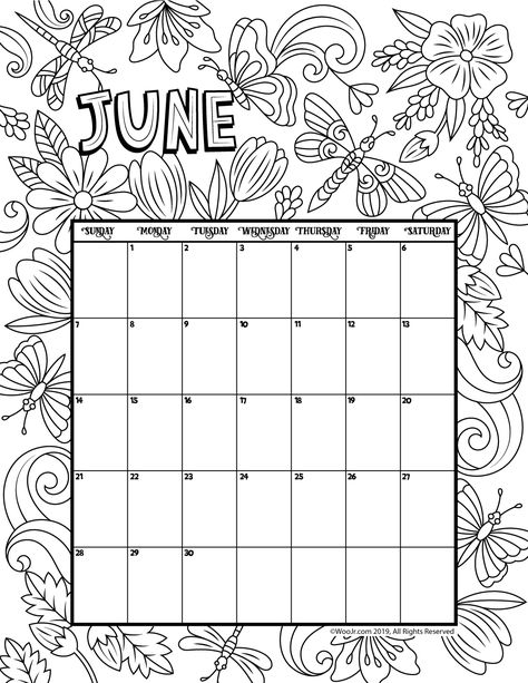 Printable Coloring Calendar for 2020 (and 2019!) | Woo! Jr. Kids Activities Calendar February, June Calendar, Printable Calendar Pages, Graphic Design Magazine, Calendar For Kids, Calendar January, Calendar 2017, Coloring Calendar, Bullet Planner