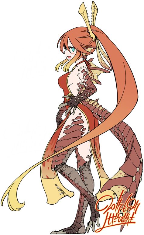 Monster Hunter Monster Girl, Monster Hunter Gijinka, Monster Hunter Oc, Dragon Girl Art, Shapeshifter Character Design, Dragon Shapeshifter, Monster Girl Art, Dragon Hunter, Gijinka Pokemon