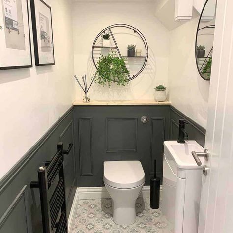 Small Wood Panel Bathroom, Small Bathroom Panelling, Bathroom With Paneling, Downstairs Toilet Panelling, Toilet Panelling, Bathroom Panelling Ideas, Bathroom Wall Paneling Ideas, Small Toilet Ideas, Down Stairs Toilet