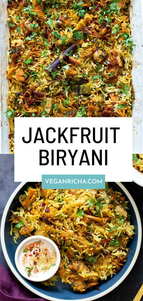 Fragrant jackfruit biryani uses prepared jackfruit instead of meat to veganize this favorite dish! I’ve also converted the recipe from stovetop to oven to make it incredibly easy to prepare! Jackfruit Biryani, Chicken Tikka Biryani, Canned Jackfruit, Biryani Recipes, Vegan Indian Recipes, Jackfruit Recipes, Vegan Ideas, Plant Based Meals, Vegan Main Dishes