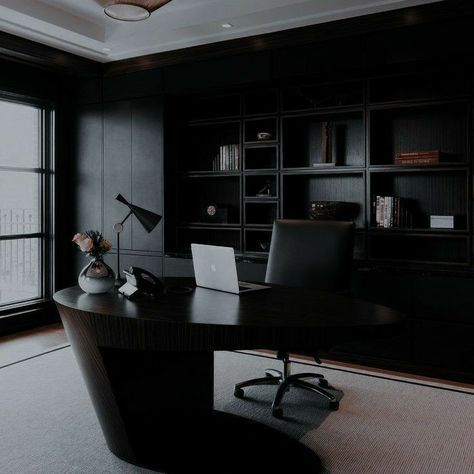 Dark Office Aesthetic, Mafia House Aesthetic, Dark Modern House, Office Aesthetic, Dark Modern, Office Interior Design Modern, Modern Office Design, Dark Home, Luxury Homes Dream Houses