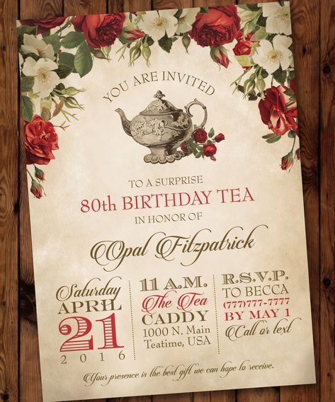 Vintage Birthday Invitations, Vintage Birthday Parties, 80th Birthday Invitations, Woman Birthday, Tea Party Invitations, Adult Birthday Invitations, 80th Birthday Party, Vintage Tea Party, Vintage Invitations