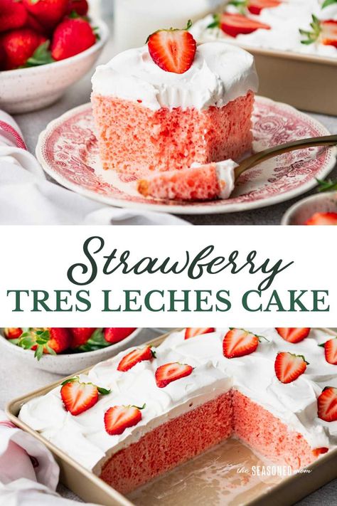 This easy strawberry tres leches cake starts with a box of strawberry cake mix, soaks in a creamy strawberry milk mixture, and includes whipped cream and fresh strawberries on top. A fun, flavorful twist on a classic Mexican dessert! Boxed Cake Tres Leches, Easy Desserts Mexican, Strawberries And Cream Tres Leches Cake, Tres Leches Topping, Strawberry Cake Tres Leches, Strawberry Les Tres Cake, Tres Leches Cake Valentines, Box Tres Leches Cake, Tres Leches Cake Recipe Strawberry