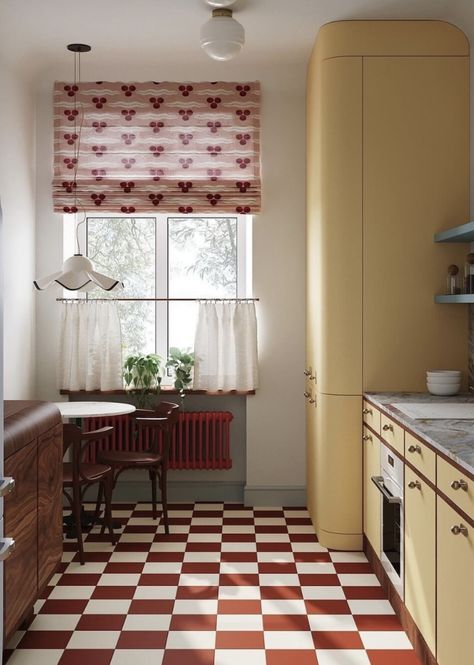 Red Tile Kitchen, Colorful Kitchen Decor, Yellow Kitchen, Kitchen Inspo, Utility Room, Interior Inspo, House Inspo, Dream Home Design, Home Decor Kitchen