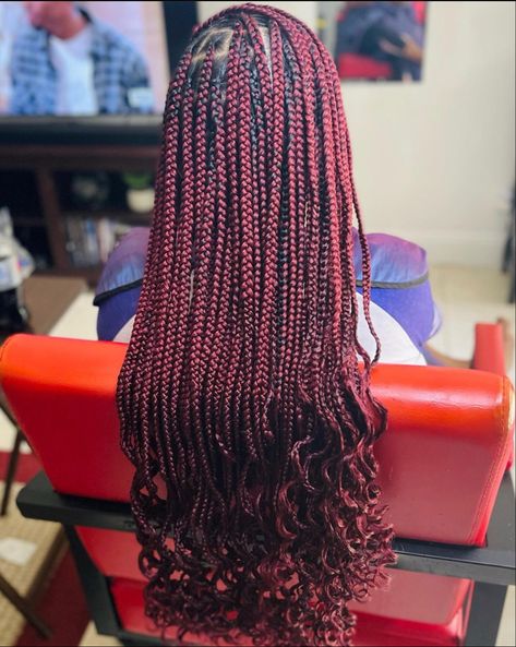 Red Curly Braids Black Women, Red Box Braids With Curls At The End, Colored Braids With Curly Ends, Medium Red Box Braids, Red Black Box Braids, Burgundy Knotless Braids With Curls, Deep Red Knotless Braids, Deep Red Box Braids, Red Medium Box Braids