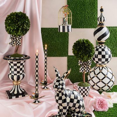 Add instant MacKenzie-Childs style with our Small Courtly Boxwood Topiary Drop In. Crafted of real preserved boxwood, this everlasting floral accent is decorated with a Courtly Check® bow and set in a ceramic base decorated with Courtly Checks that can be displayed on its own or dropped into the Courtly Stripe Tabletop Urn. | Courtly Boxwood Topiary Drop In - Small Topiary Decor, Preserved Boxwood Topiary, Mackenzie Childs Diy, Ball Topiary, Butterfly Candle Holder, Gilded Cage, Bunny Hutch, Butterfly Candles, Preserved Boxwood