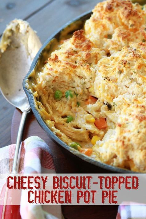 Cheesy Biscuit Topped Chicken Pot Pie. #easy #recipes #dinner #chickenpotpie Chicken Pot Pie Drop Biscuits, Chicken Pot Pie With Cheddar Bay Biscuits, Chicken Pot Pie Cheddar Bay Biscuits, Cheddar Bay Biscuit Chicken Pot Pie, Biscuit Topped Chicken Pot Pie, Cheesy Biscuit, Pie Easy, Canned Soup, Cheese Biscuits