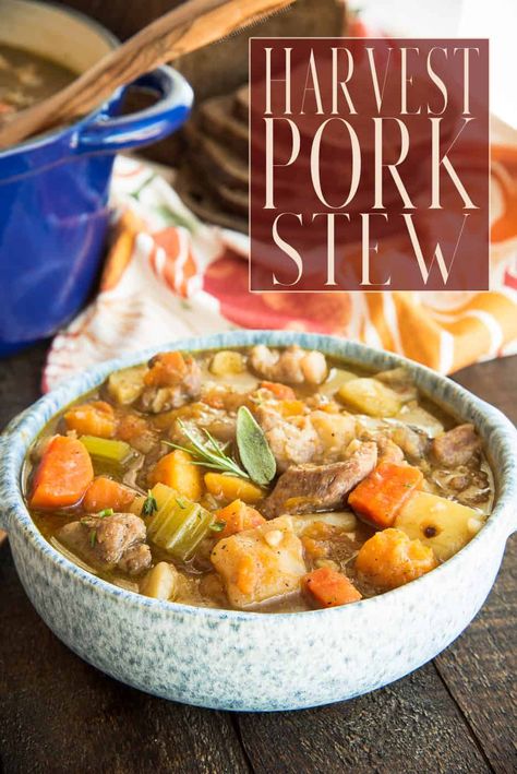 This comforting Harvest Pork Stew recipe has a rich broth with sweet and savory elements from hearty tubers like potatoes, sweet potato, boniato, and butternut squash. A deep stout beer adds a malty element to the stew that can't be beat. Freezer and make-ahead friendly as well. #porkstew #fallrecipe #stewrecipe #butternutsquashrecipes #sweetpotatorecipes #boniatorecipes #souprecipes #fallstew #maincourse #maindish #entree #warmweatherrecipe #dutchovenrecipes via @ediblesense Stew With Butternut Squash, Pork Stew Meat Recipes, Pork Stew Meat, Pork Stew Recipes, Creamy Chicken Casserole, Stew Meat Recipes, Pork Soup, Pork Stew, Hearty Comfort Food