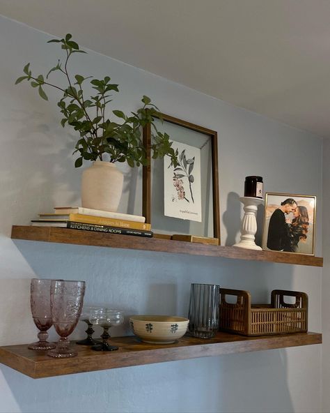 Oak Shelves Dining Room, Open Shelf Dining Room Ideas, How To Style Floating Shelves Dining Room, Shelf On Large Wall, Floating Wood Shelves Dining Room, Dining Area Floating Shelves, Shelf Decor Dining Room Wood Shelves, Floating Shelf In Dining Room, Dining Room Wall Decor Shelves