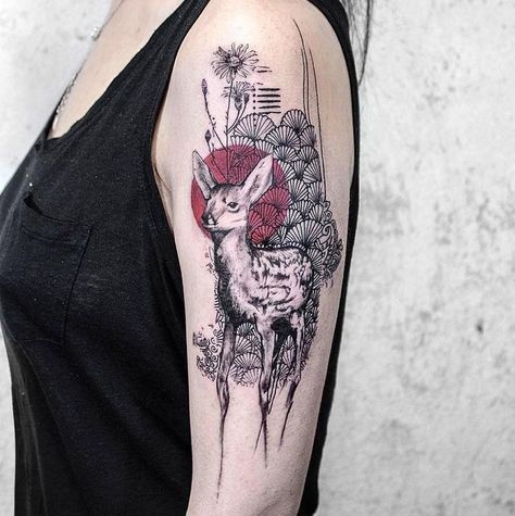 Arte Trash Polka, Alex Tattoo, Nerd Tattoos, Doe Tattoo, Japanese Tattoo Women, Deer Tattoo, Red Tattoos, Tattoo Style Drawings, Horse Tattoo