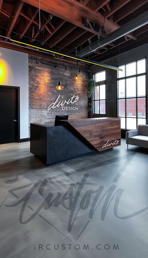 Industrial Reception Area, Industrial Lobby Design, Barista Counter, Receptionist Design, Gym Reception, Industrial Reception Desk, Tattoo Studio Ideas, Modern Reception Desk Design, Clinic Reception