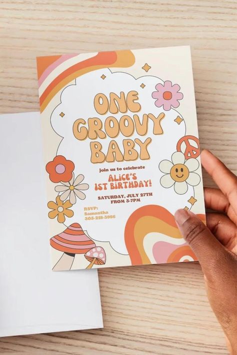 Groovy Birthday Party Printables, Groovy Party Theme Invitation, Flower Power Invitation, Flower Power 1st Birthday, Retro First Birthday Girl, One Groovy Girl Birthday, Two Groovy Invitation, Groovy Invitations, One Groovy Baby Birthday