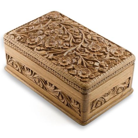 Carved Wooden Jewelry Box | Wooden Jewelry Chest Hand Carved Walnut Wood Jewelry Box India Kashmir Kashmir Wood Carving, Hand Carved Wood Boxes, Jewelry Boxes Wooden, Wood Jewelry Box Ideas, Chest Woodworking Plans, Jewelry Box Plans, Jewelry Box Wood, Wooden Box Designs, Wooden Carving