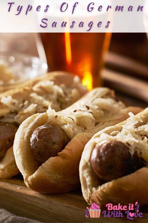 Different types of German sausage have a variety of unique flavors and can be featured in many different tasty recipes! Here is the ultimate guide to all of the best and most popular German sausages! From bratwurst to weisswurt, we are going to discuss all of them! BakeItWithLove.com #bakeitwithlove #german #sausage #guide #wurst #bratwurst #weisswurst Beer Brats Recipe, German Bratwurst, Brats Recipes, Hot Dog Rolls, Sour Cabbage, No Beer, Summer Crockpot Recipes, Beer Brats, German Sausage