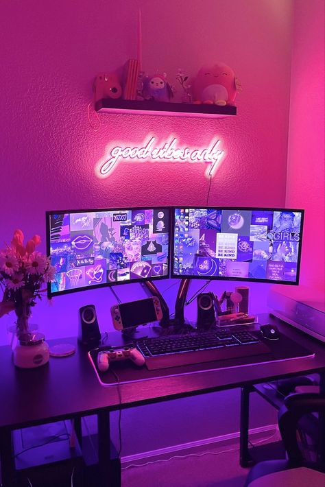 Girl gamer set up! Good vibes only LED sign. Pink and purple. Curved Monitor Gaming Setup, Black Desk Pc Setup, Aesthetic Monitor Setup, Streamer Setup Aesthetic, Livestream Aesthetic, Purple Gamer Aesthetic, Monitor Setup Aesthetic, Stream Setup Aesthetic, Curved Monitor Setup