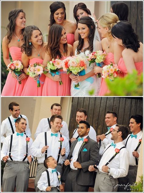 My sisters fun coral/turquoise wedding! Wedding Suits Men Grey, Teal Wedding Colors, Wedding Parties Pictures, Turquoise Wedding, Coral Wedding, Trendy Wedding Dresses, Future Wedding Ideas, Wedding Suits Men, Future Mrs